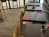 tables and chairs in a restaurant with a view of the street