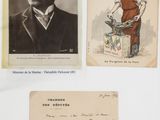 two old postcards of a man in a suit and a woman in a red dress