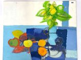une peinture représentant un vase de fleurs sur une table