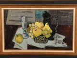 a painting of a still life with lemons and a glass