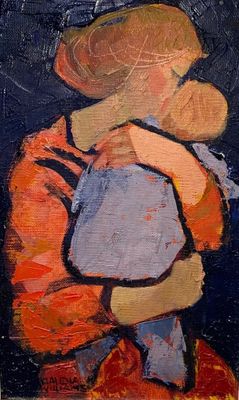 a painting of a man holding a baby in his arms