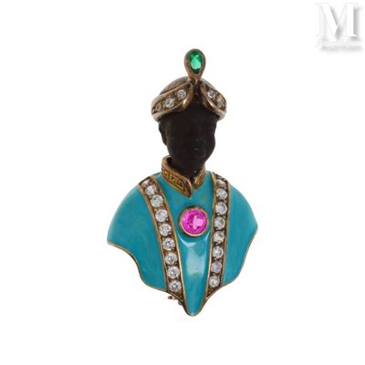 une image représentant une broche bleue et dorée ornée d'une pierre rose