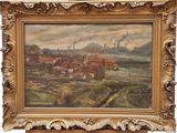 an image of a painting of a village with a castle in the background