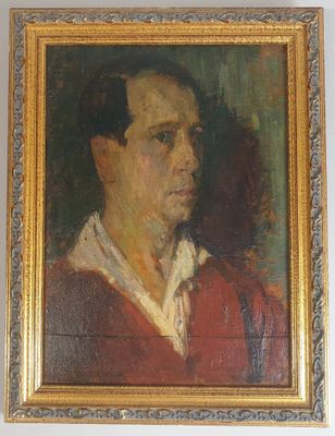 portrait d'un homme en chemise rouge dans un cadre doré