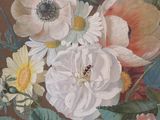 a painting of flowers in a vase on a table