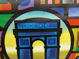 a picture of a painting of a building with a clock on it