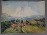 tableau représentant une vue d'un village dans une vallée, avec des collines en arrière-plan