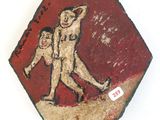 un tableau représentant un homme et un enfant sur un fond rouge et blanc