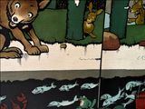 two pictures of a dog and a fish in the water