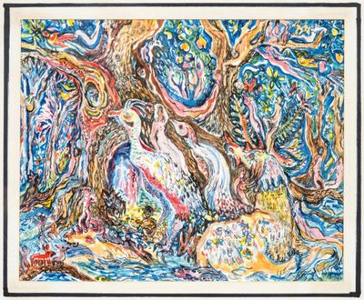 a painting of a woman sitting under a tree in a forest
