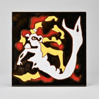 painting of a man riding a horse on a black and yellow background
