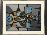 painting of a black frame with a painting of an abstract design on it