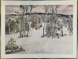 an image of a painting of a snowy landscape with trees in the foreground