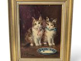 painting of two cats sitting next to a bowl of milk
