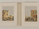 an open book with a picture of a street scene and a picture of a building