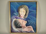 tableau représentant une femme tenant un bébé dans ses bras dans une pièce