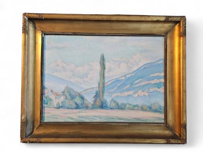 an oil painting of a landscape with a tall tower in the distance
