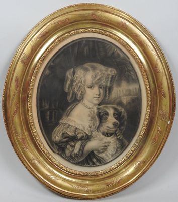 an old picture of a woman holding a dog in a gold frame