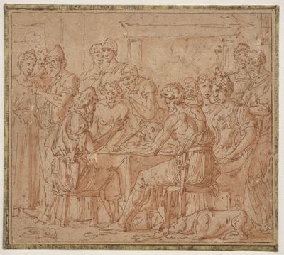 un dessin représentant un groupe de personnes assises autour d'une table