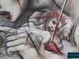 drawing of a woman holding a knife with blood on her face