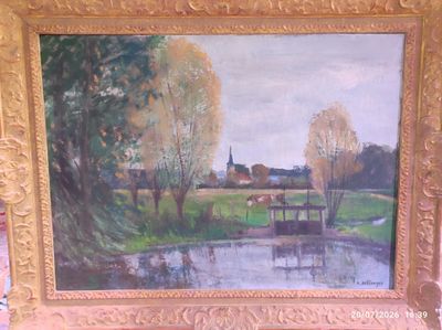 une photo d'un tableau représentant un banc de parc au bord de l'eau