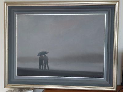 a picture of a painting of two people under an umbrella