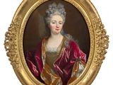 an oval portrait of a woman in a red dress and gold frame