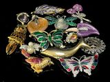 a lot of brooches that are sitting on a table