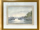 framed watercolor painting of a river scene with boats on the water