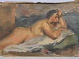 an image of a painting of a nude woman laying on a bed