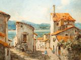 painting of an old village street with a woman walking down the street