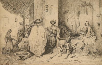 an old drawing of a group of people standing in a room