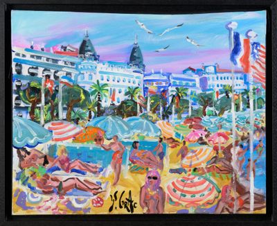 tableau représentant une scène de plage avec des personnes et des parasols par une journée ensoleillée