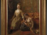 an oil painting of a woman and a man sitting on a couch