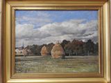 an oil painting of hay bales in a field with a church in the background