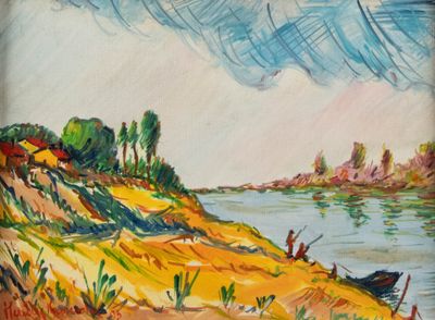 une peinture représentant un bateau au bord d'un lac