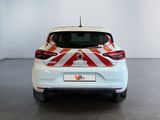 the rear of a white car with a red and white stripe on it