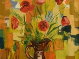 a painting of flowers in a vase on a table