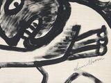 a black and white drawing of a bird with a big eye