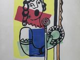 painting of a woman holding a bowl of food and a pair of skis