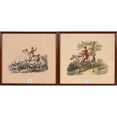 deux reproductions encadrées représentant un homme à cheval et un chien sautant par-dessus une colline