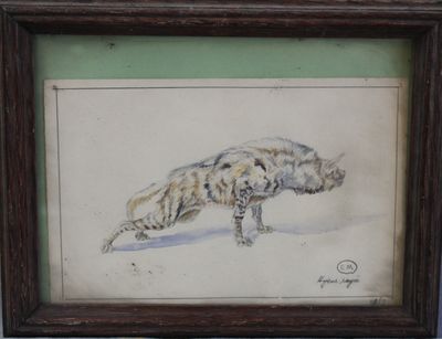 painting of a dog and a cat in a frame on a wall