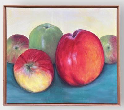 painting of three apples and two green apples on a blue surface