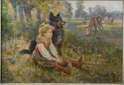 a painting of a boy and a dog sitting in a field