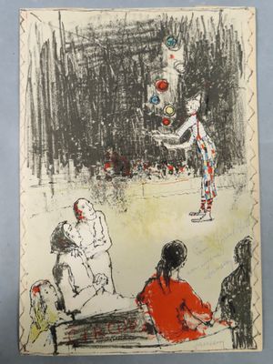 une image représentant le dessin d'une femme tenant un sapin de Noël