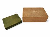 une boîte et un portefeuille posés l'un à côté de l'autre sur une surface blanche