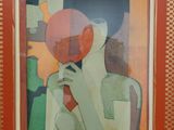 tableau représentant une femme tenant une pomme rouge devant son visage