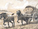 tableau représentant deux chevaux tirant un chariot couvert à bord duquel se trouve un homme