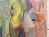 painting of a woman in a yellow dress standing on a stool