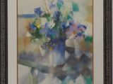 a painting of blue flowers in a vase on a table